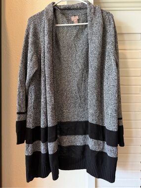 Chico’s Black Gray Marled Open Front Long Cardigan Sweater Size 3